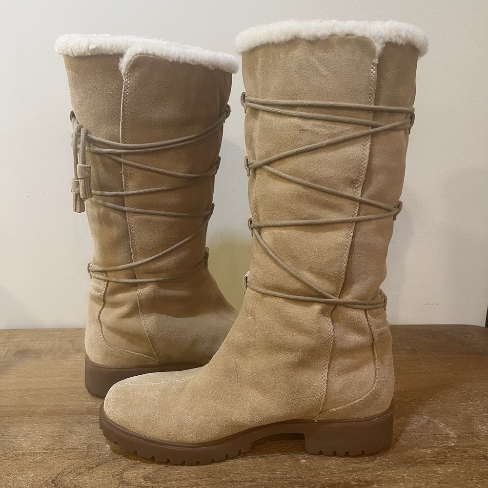 Timberland Womens Tall Waterproof Suede Boots 9 Tan Fleece Lined Pull On Lace Up